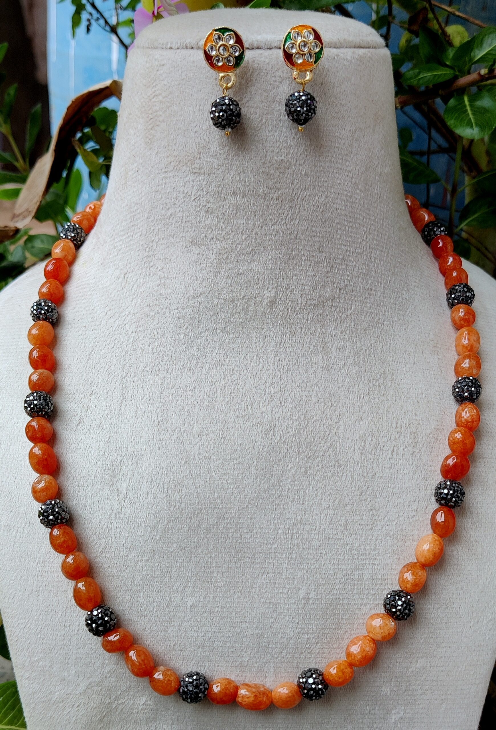 natural quartz single layer mala with meena earing - Image 2