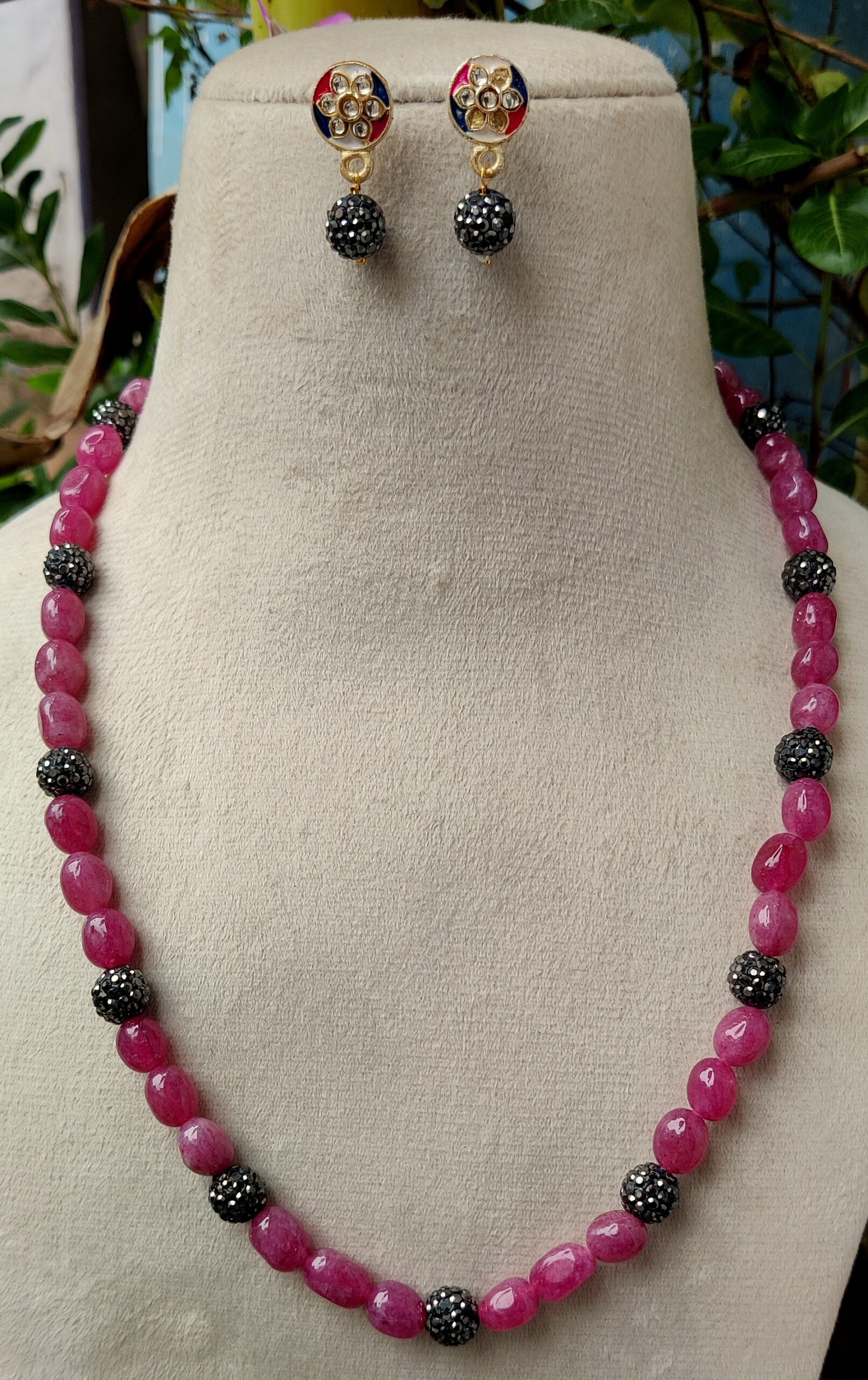 natural quartz single layer mala with meena earing - Image 3