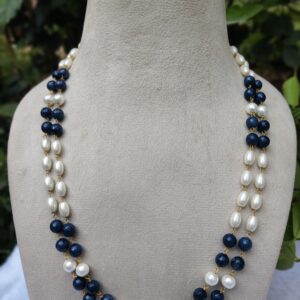Double-Stranded Pearl & Blue agate Bead Necklace