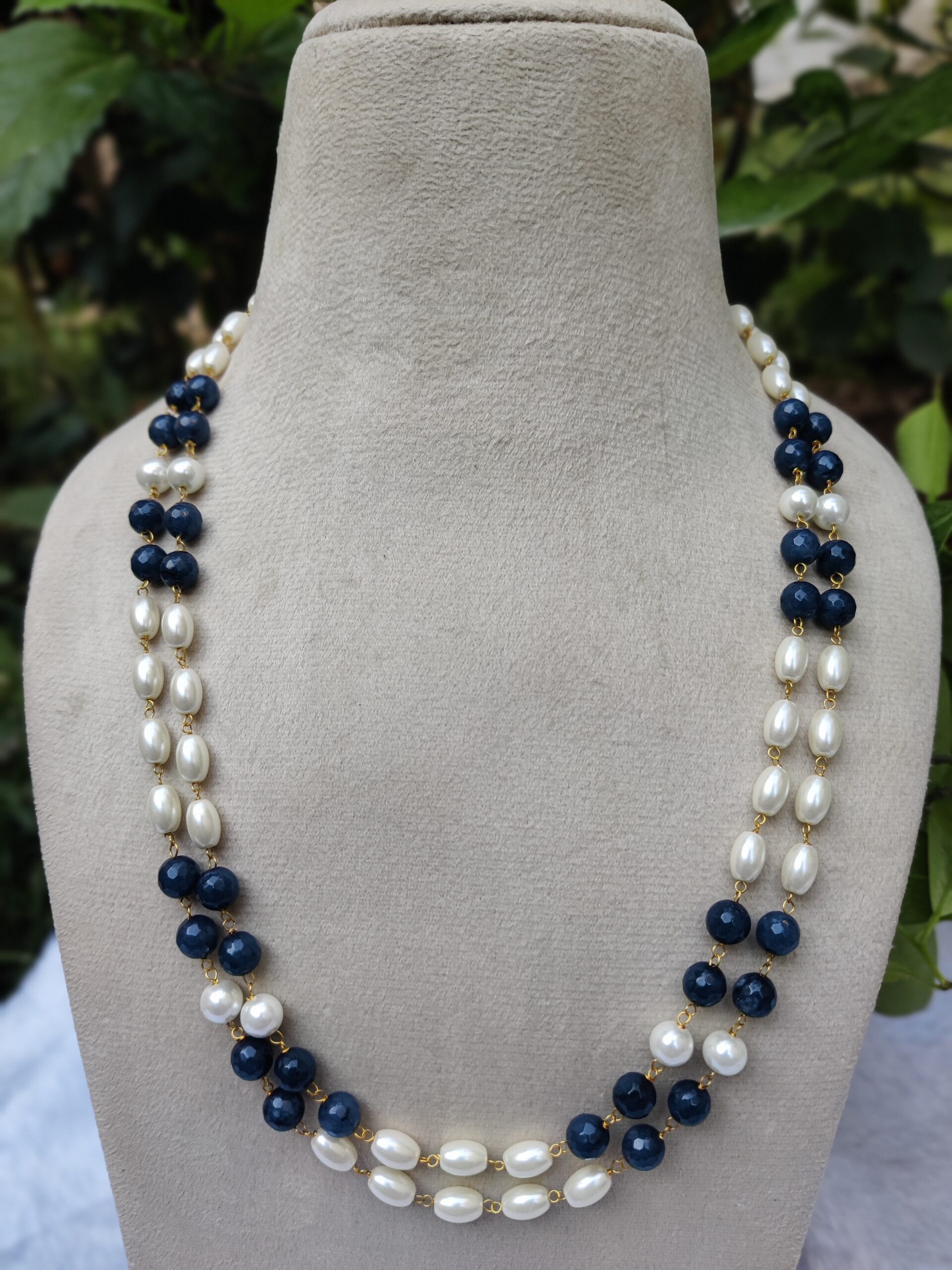 Double-Stranded Pearl & Blue agate Bead Necklace