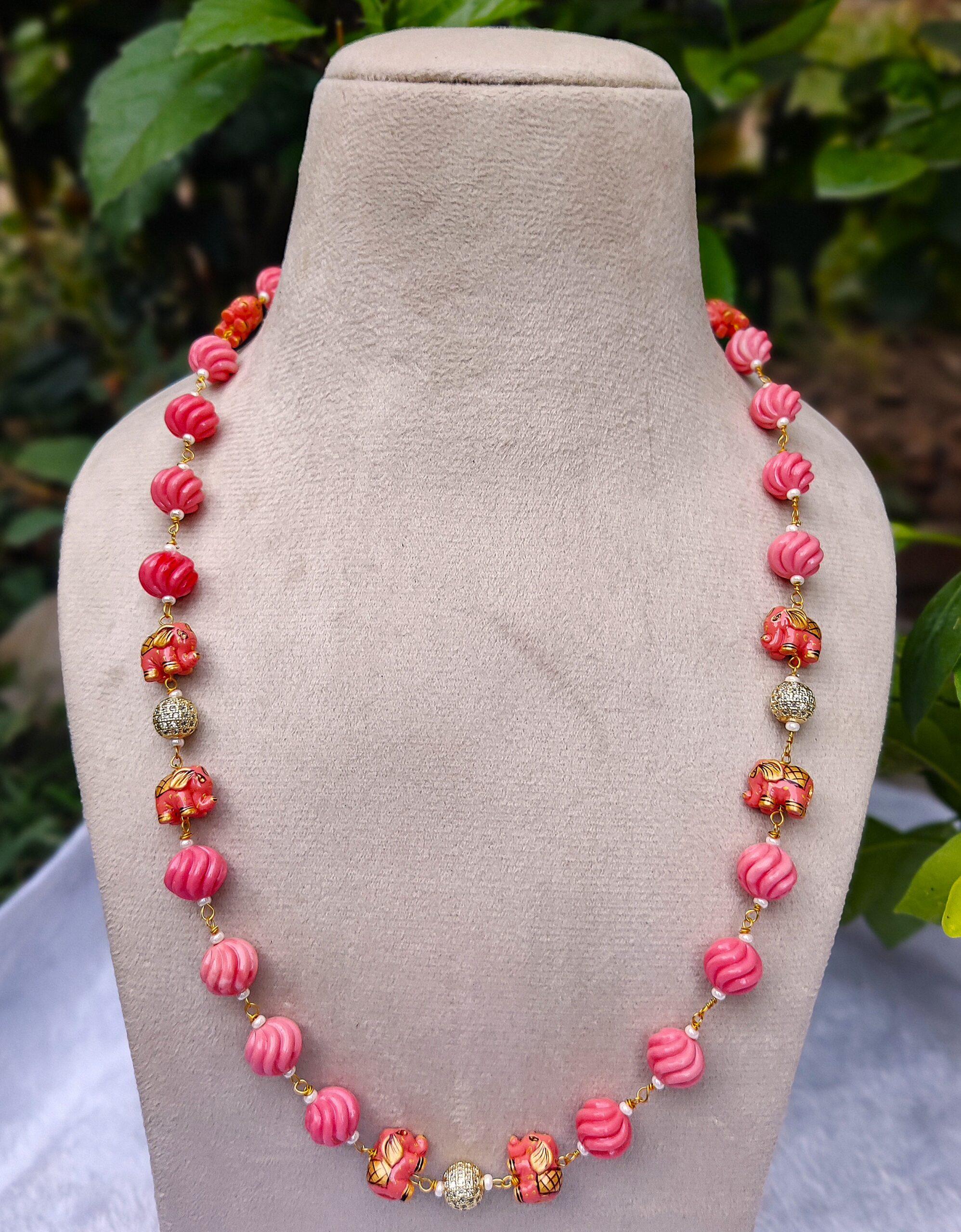ceremic coreal beads and Elephant Charm Necklace - Image 2