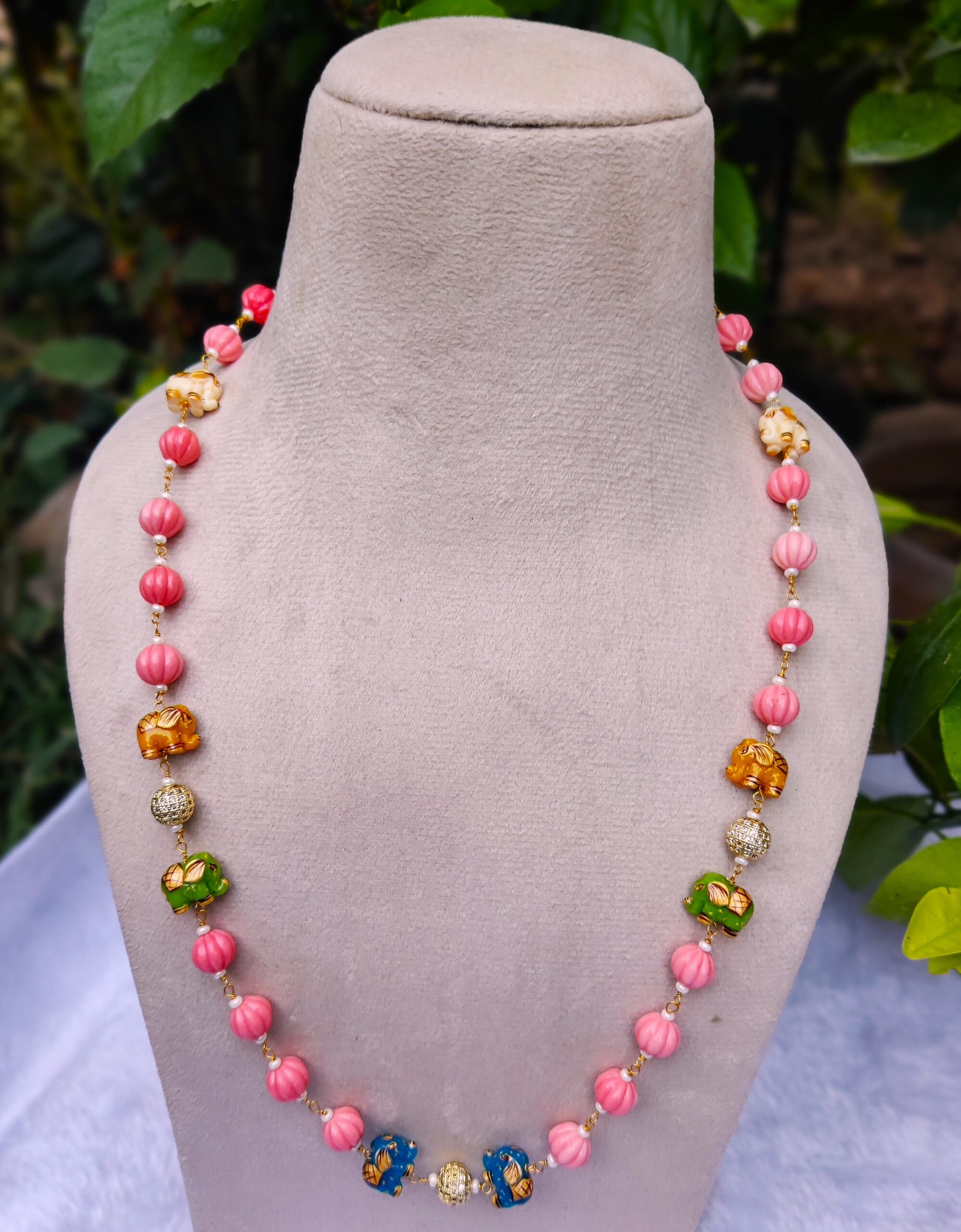 ceremic coreal beads and Elephant Charm Necklace - Image 3