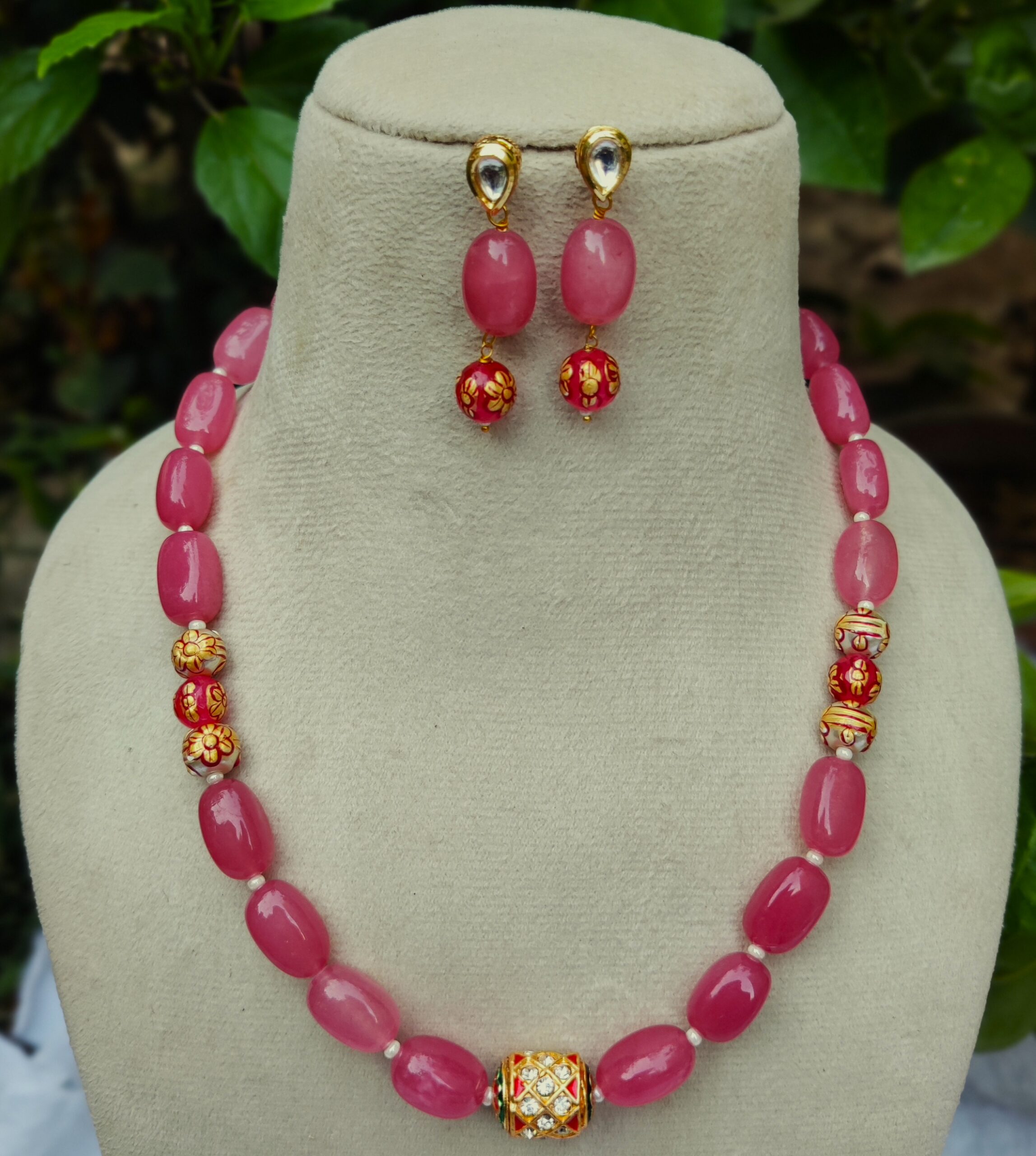 Red quartz & Gold hand pantind pearl Beaded Necklace with Matching Earrings